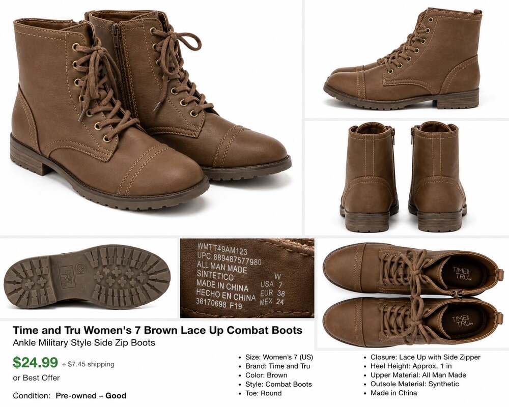 Time and Tru Women's Brown Lace Up Combat Boots Side Zip Size 7